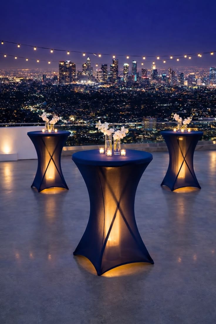 Rooftop cocktail reception with lit tables overlooking a city skyline at night