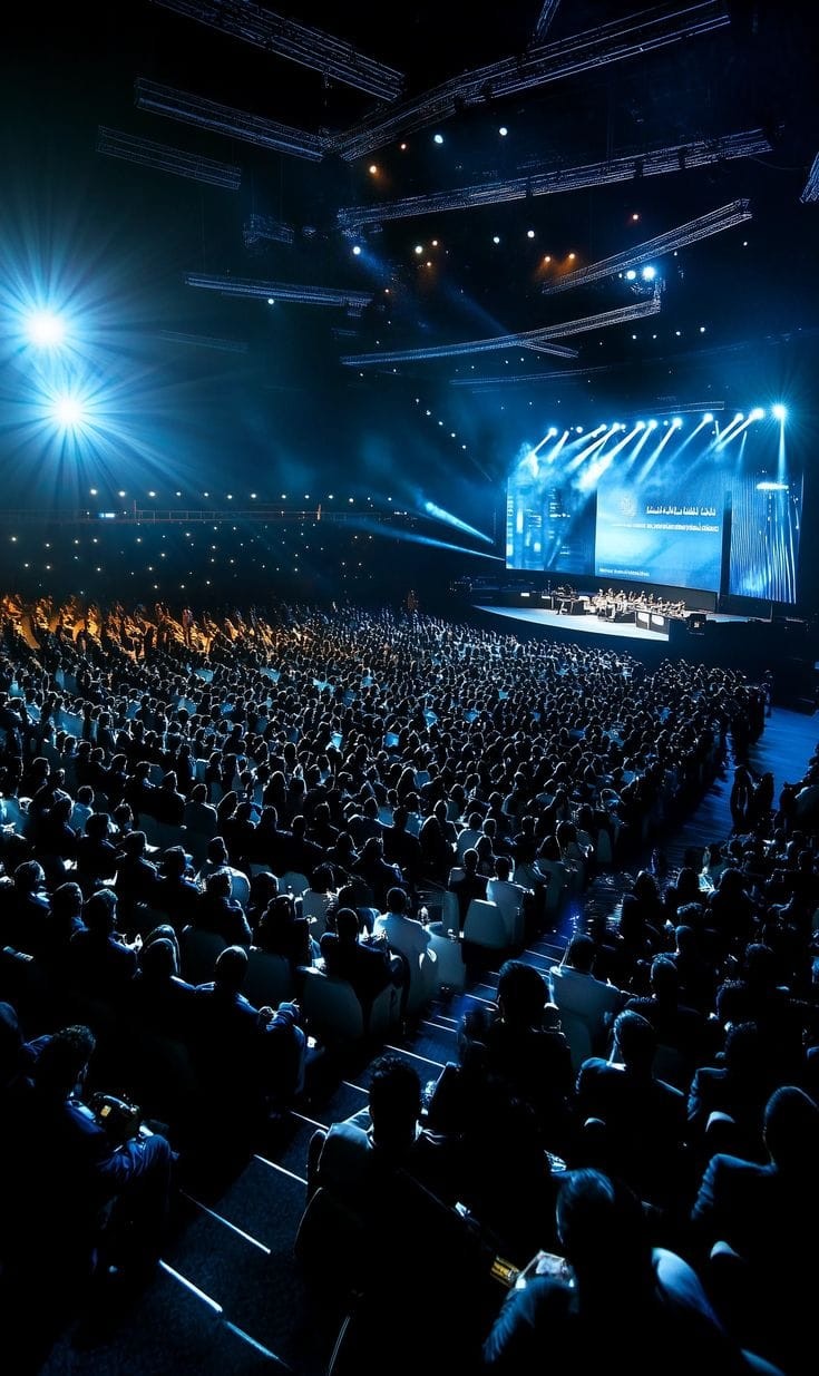 Large arena conference with thousands of delegates facing a lit main stage